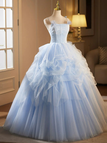 Spaghetti Strap Tulle Lace Blue Flower Prom Dress