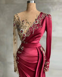 Beading Burgundy Satin Trumpet Mermaid Long Sleeve Prom Dress