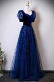 Blue Velvet & Tulle Sequins A Line Prom Dress
