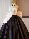Satin Satin Bow Flower A Line White & Black Prom Dress