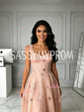 Print Sparkle Pink Star Tulle A Line Prom Dress