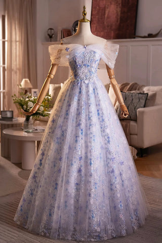 Princess Tulle A Line Blue Flower Prom Dress