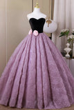 Sweetheart Black Velvet Lavender Flower Prom Dress