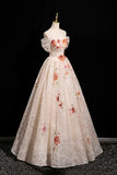Champagne Floral Sequins A Line Off the Shoulder Prom Dress