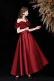Satin Tea Length A Line Burgundy Prom Dress