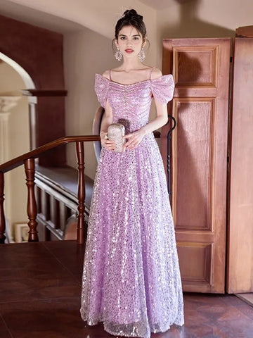 Puffy Sleeve Sequin Tulle Lavender Prom Dress