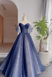 Blue Tulle Star Print Off the Shoulder Prom Dress
