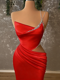 Crystal Draped One Shoulder Red Satin Mermaid Prom Dress