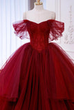 Tulle Beading Burgundy Ruffles Off The Shoulder Prom Dress
