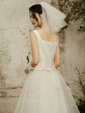 A Line Tulle Ankle Length Square Satin Wedding Dress