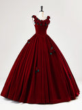Flower Burgundy A-Line Velvet Long Prom Dress