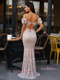 Flower Trumpet Mermaid Champagne Sequin Backless Prom Dress