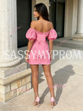 Pink Puffy Sleeves Sheath Column Lace Homecoming Dress