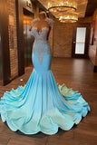 Trumpet Mermaid Beading Light Blue Satin Jewel Prom Dress