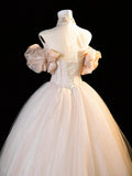 Tulle Beading A Line Corset Champagne Prom Dress