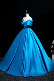 Satin Off The Shoulder Blue A Line Ruched Prom Dress