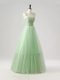 Light Green Tulle Spaghetti Strap Sequin Prom Dress