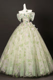 A Line Green Floral Tulle Off The Shoulder Prom Dress