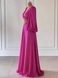 Bishop Sleeves Fuchsia Deep V Neck A Line Satin Prom Dress