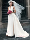 Satin Belt Backless A Line V Neck Wedding Dress