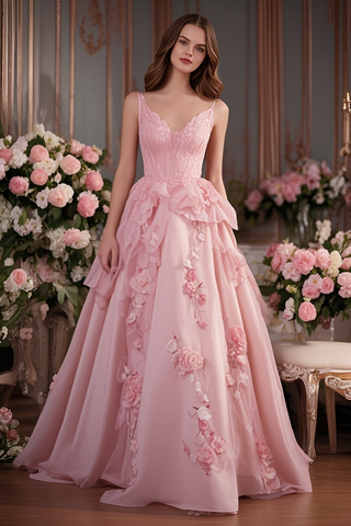 Light Pink Flower V Neck Tulle A Line Prom Dress