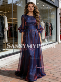 Purple Long Sleeve A Line Scoop Organza Prom Dress