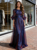 Purple Long Sleeve A Line Scoop Organza Prom Dress