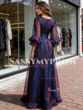 Purple Long Sleeve A Line Scoop Organza Prom Dress