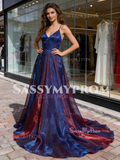 V Neck Purple A Line 2 Colors Organza Backless Prom Dress