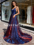 V Neck Purple A Line 2 Colors Organza Backless Prom Dress