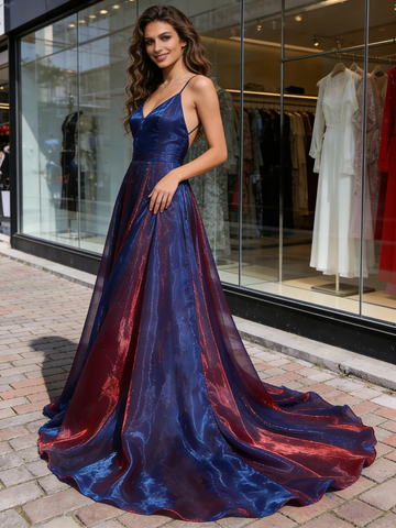 V Neck Purple A Line 2 Colors Organza Backless Prom Dress