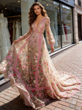Pink Lace A Line V Neck Long Sleeve Floral Prom Dress