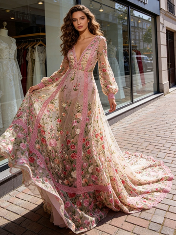 Pink Lace A Line V Neck Long Sleeve Floral Prom Dress