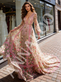 Pink Lace A Line V Neck Long Sleeve Floral Prom Dress