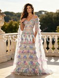 Ombre Sequin V Neck A Line Cape Ruffled Prom Dress