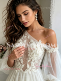 Long Sleeve Appliques Tulle One Shoulder Wedding Dress
