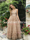 V Neck Layers Champagne Tulle Beading A Line Prom Dress