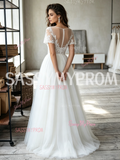 A Line Tulle Cap Sleeve Sheer Scoop Wedding Dress With Slit