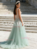 Tulle Pink Appliques Light Green A Line Prom Dress