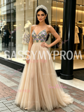 Beading Colorful A Line Champagne Strapless Tulle Prom Dress