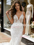 V Neck Trumpet Mermaid Lace Sweep Train Wedding Dress