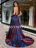 V Neck Purple A Line 2 Colors Organza Backless Prom Dress