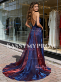 V Neck Purple A Line 2 Colors Organza Backless Prom Dress