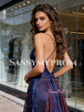 V Neck Purple A Line 2 Colors Organza Backless Prom Dress