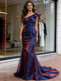 One Shoulder Trumpet Mermaid Organza Ruffles Prom Dress