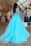 V Neck Appliques Backless Turquoise Tulle Prom Dress