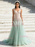 Tulle Pink Appliques Light Green A Line Prom Dress