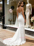 V Neck Trumpet Mermaid Lace Sweep Train Wedding Dress