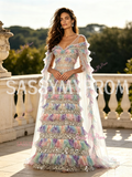 Ombre Sequin V Neck A Line Cape Ruffled Prom Dress