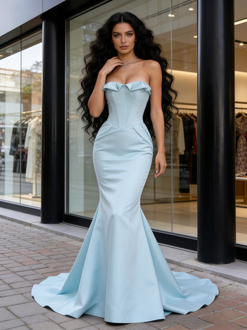 Satin Trumpet Mermaid Ruffles Light Blue Strapless Prom Dress
